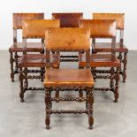 A matching set of 6 chairs, wood and leather. (L:47 x W:45 x H:90 cm)