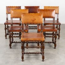 A matching set of 6 chairs, wood and leather. (L:47 x W:45 x H:90 cm)