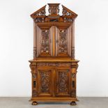 An antique show cabinet, fine wood sculptures and inlaid with marble. Neo Renaissance. (L:53 x W:122