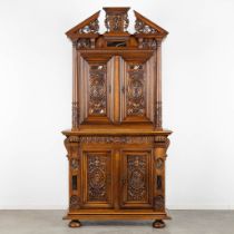 An antique show cabinet, fine wood sculptures and inlaid with marble. Neo Renaissance. (L:53 x W:122