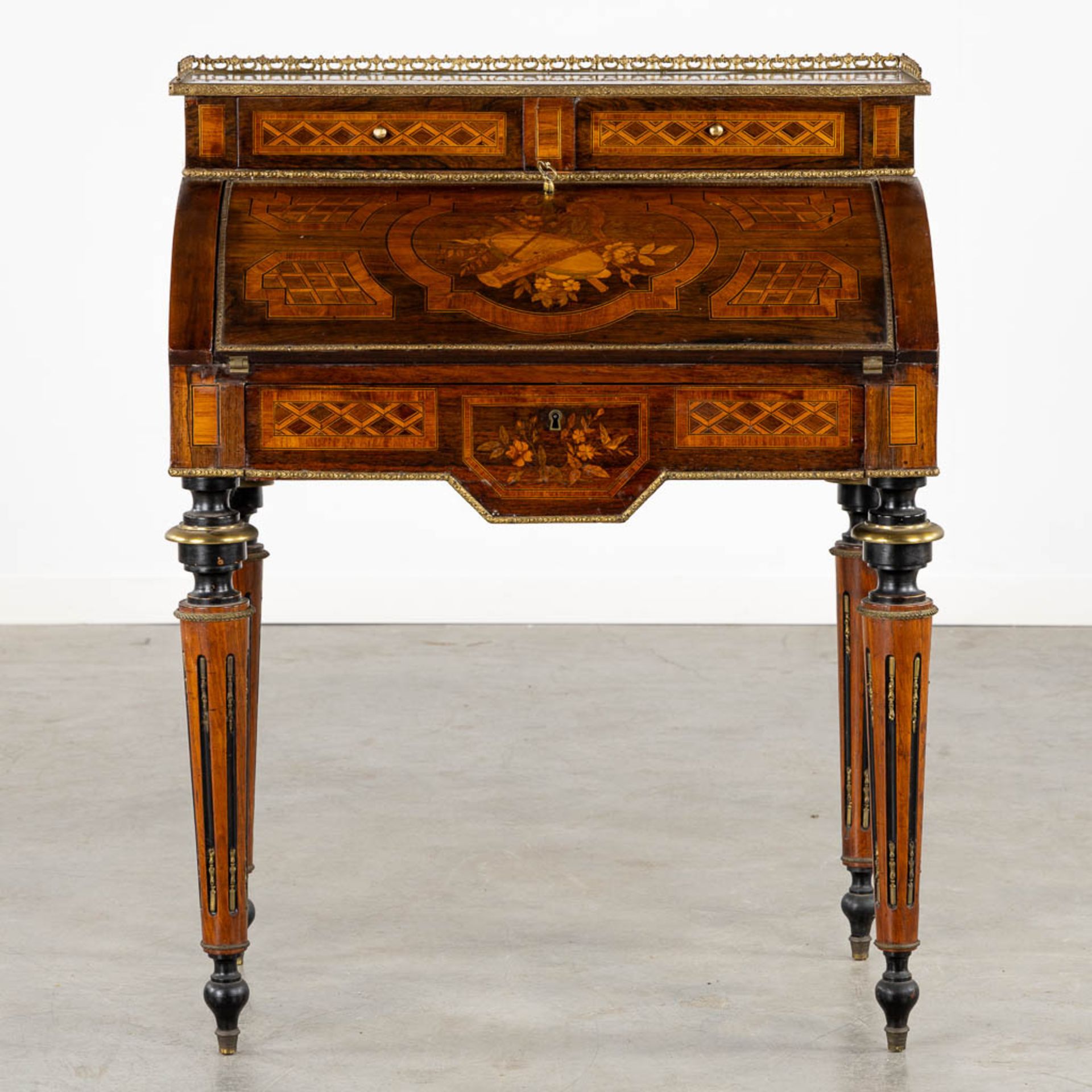 A secretary cabinet, marquetry inlay mounted with bronze in Louis XVI style. 19th C. (L:50 x W:75 x - Bild 6 aus 15