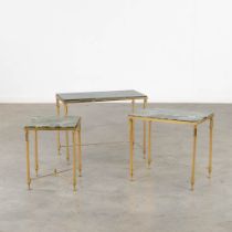 A set of 3 nesting tables, brass with green marble. (L:31 x W:61 x H:46 cm)