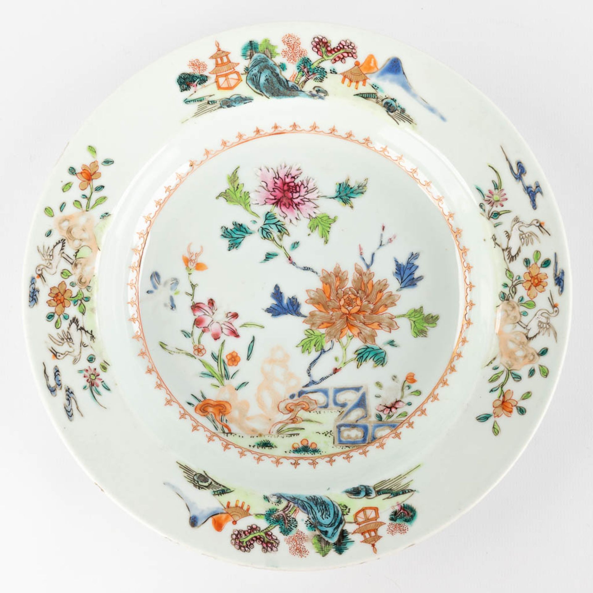 Three Chinese Famille Rose plates with a floral decor. 19th C. (D:22,5 cm) - Image 4 of 11