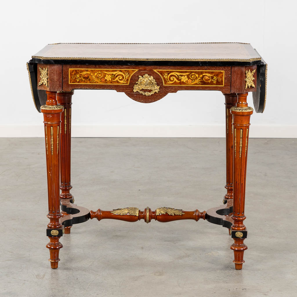 A side table/play table, marquetry inlay and mounted with bronze. 20th C. (L:57 x W:115 x H:74 cm) - Image 5 of 19