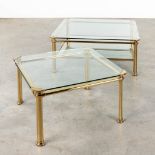 A large and small coffee table, brass and glass. Signed Mara. Circa 1980. (L:90 x W:90 x H:38 cm)