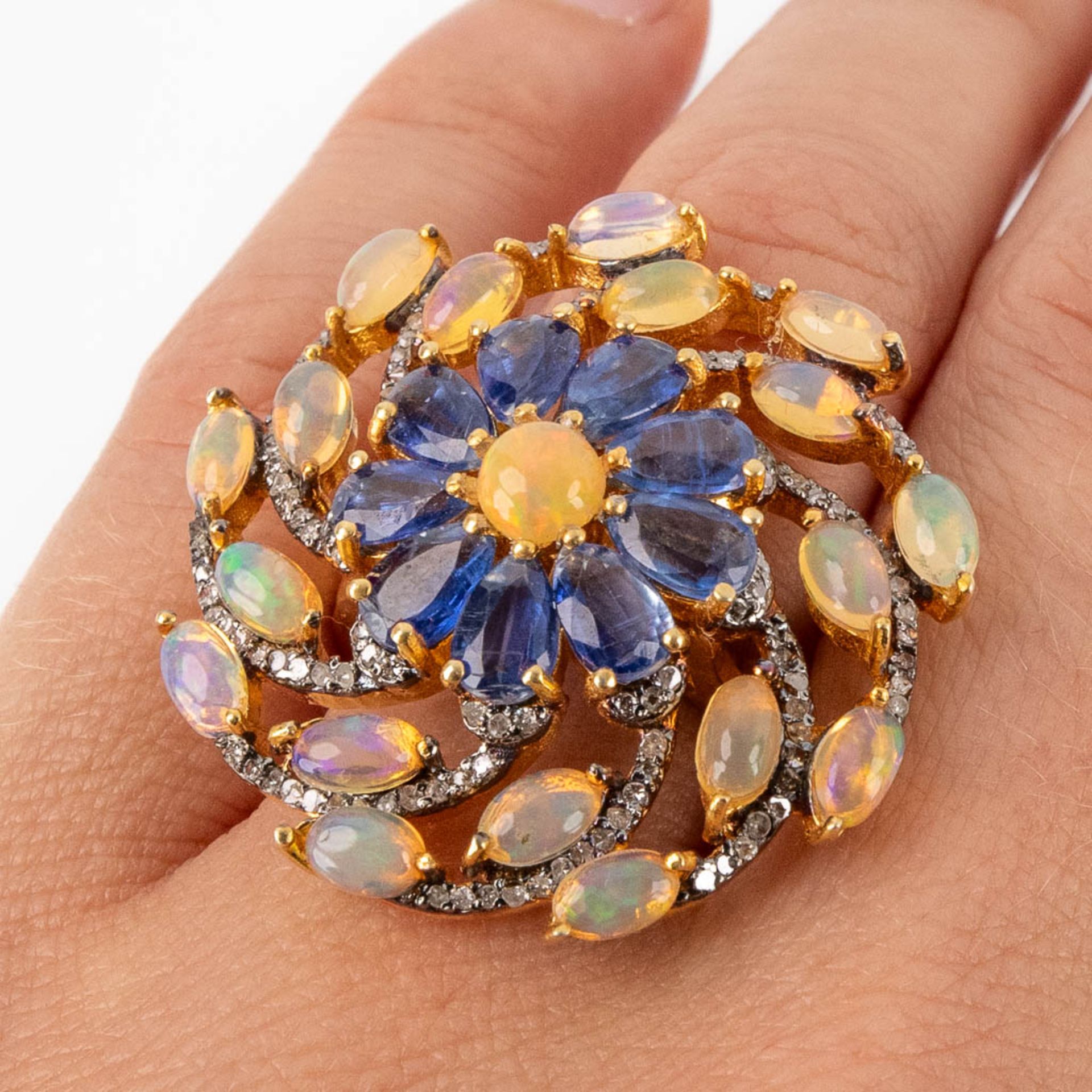 A ring, gilt zilver with opal, old cut diamonds and 'Kyanite'. Ring size 56, 12,3g. - Image 11 of 11