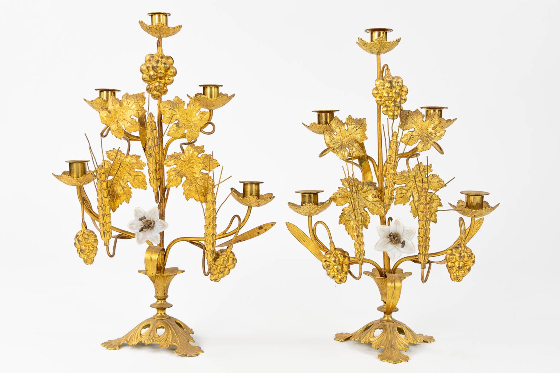 Two pairs of Church Candelabra and a pair of wall-mounted candelabra, Gilt metal decorated with whea - Image 7 of 16