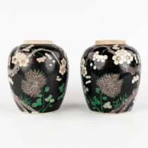 A pair of Chinese Famille Noir storage pots with blossoming tree decor. 19th/20th C. (H:17 x D:14 cm