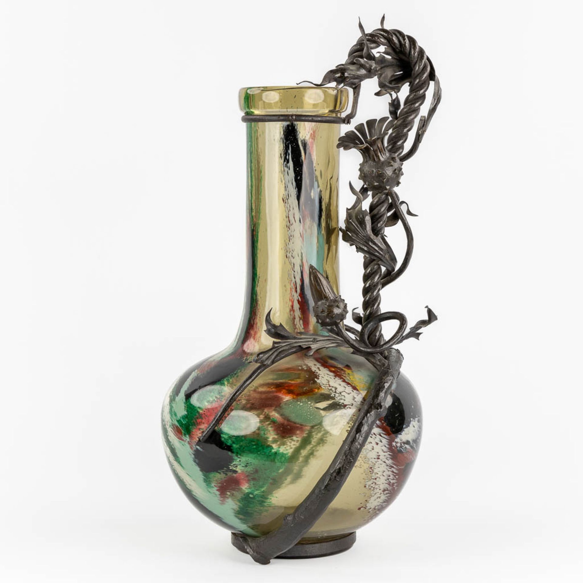 A glass vase mounted with sculptural cast iron, in the style of Louis Van Boeckel. (H:67 x D:33 cm) - Image 6 of 14