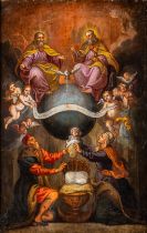 An antique painting with the Holy Trinity, the birth of Mary. Oil on copper, 18th C. (W:39 x H:61 cm