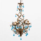 A vintage twisted brass chandelier decorated with light blue glass, circa 1940. (H:65 x D:37 cm)