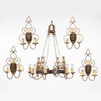 A chandelier with 4 matching wall lamps, wrought iron. (H:106 x D:90 cm)