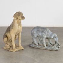 Two decorative garden statues of a dog and a sheep, concrete. (L:55 x W:28 x H:72 cm)