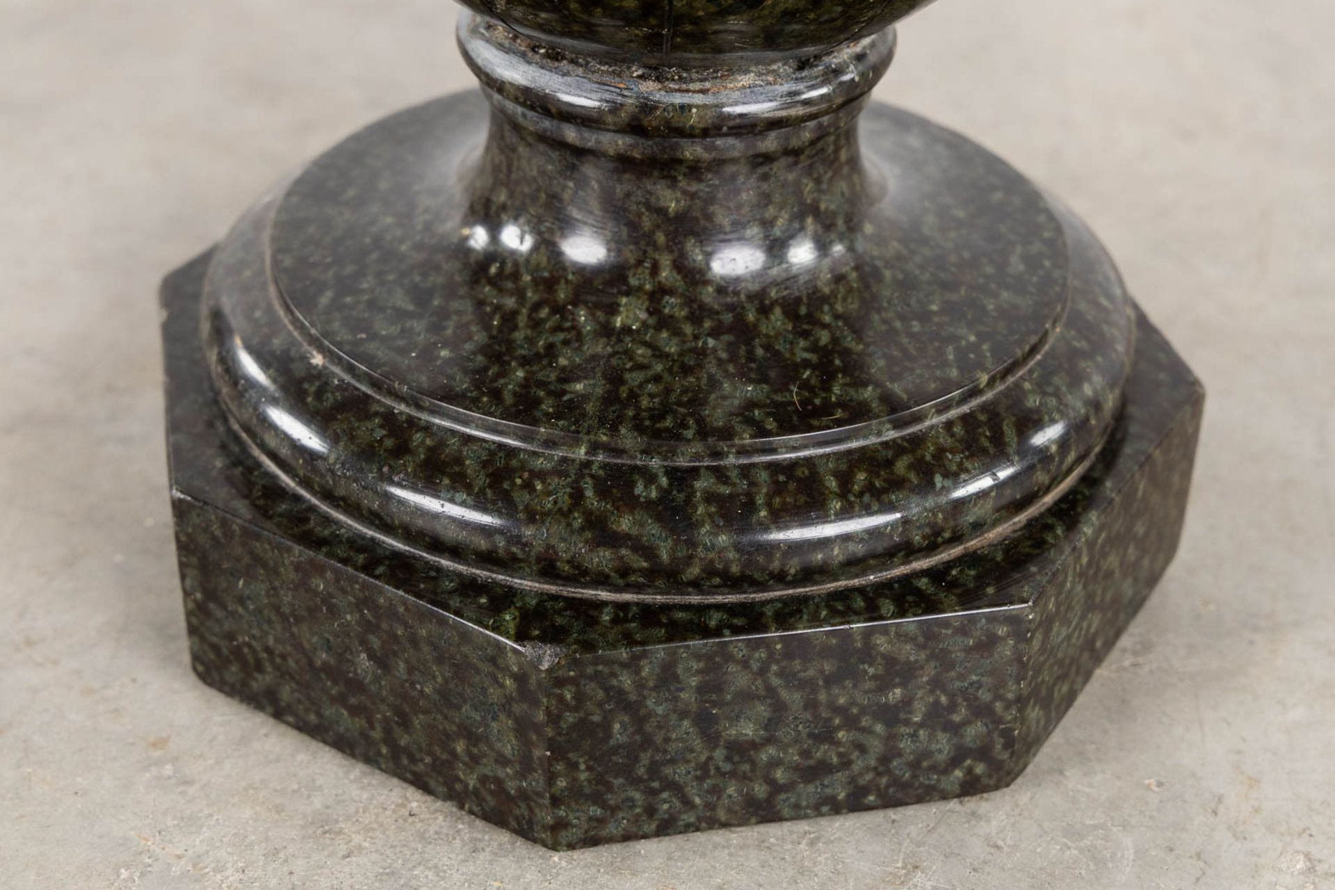 An antique black, sculptured marble pedestal. 19th C. (L:28 x W:28 x H:107 cm) - Image 7 of 9