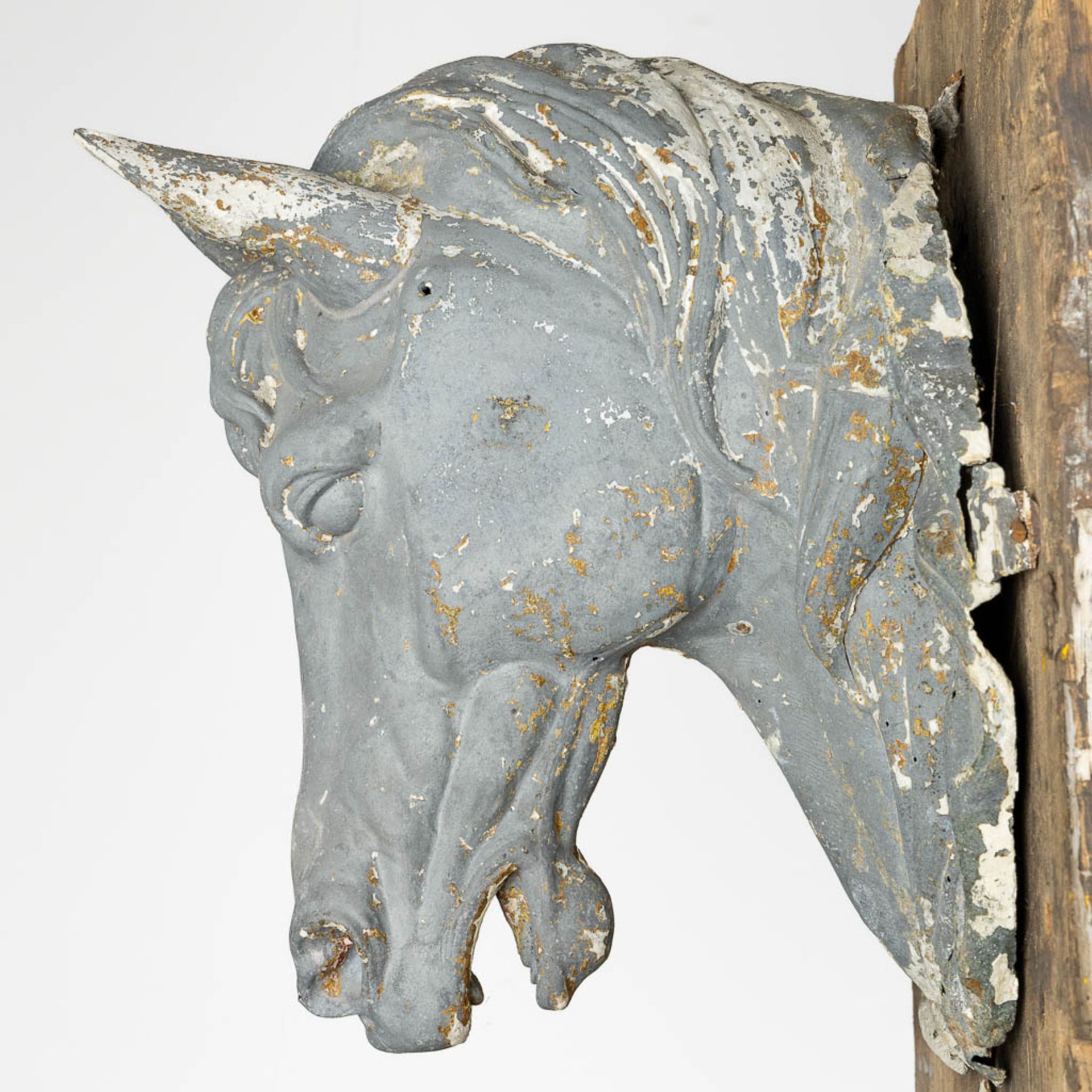 An antique zinc Horse Head, mounted on a wood board. Circa 1920. (L:40 x W:39 x H:44 cm) - Image 12 of 13