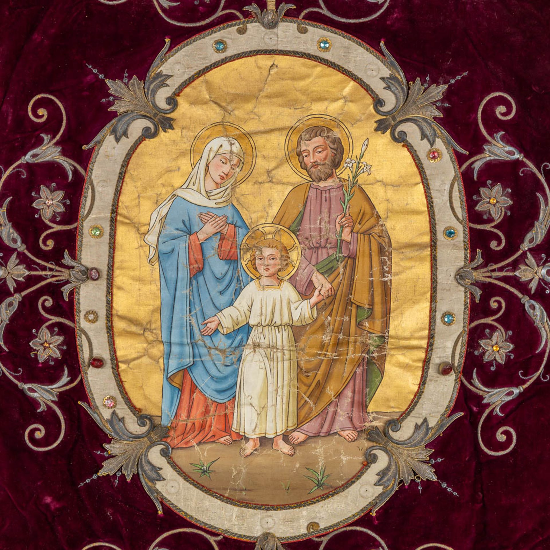 An antique banner with thick gold-thread embroideries and an image of 'The Holy Family'. (W:100 x H: - Image 4 of 12