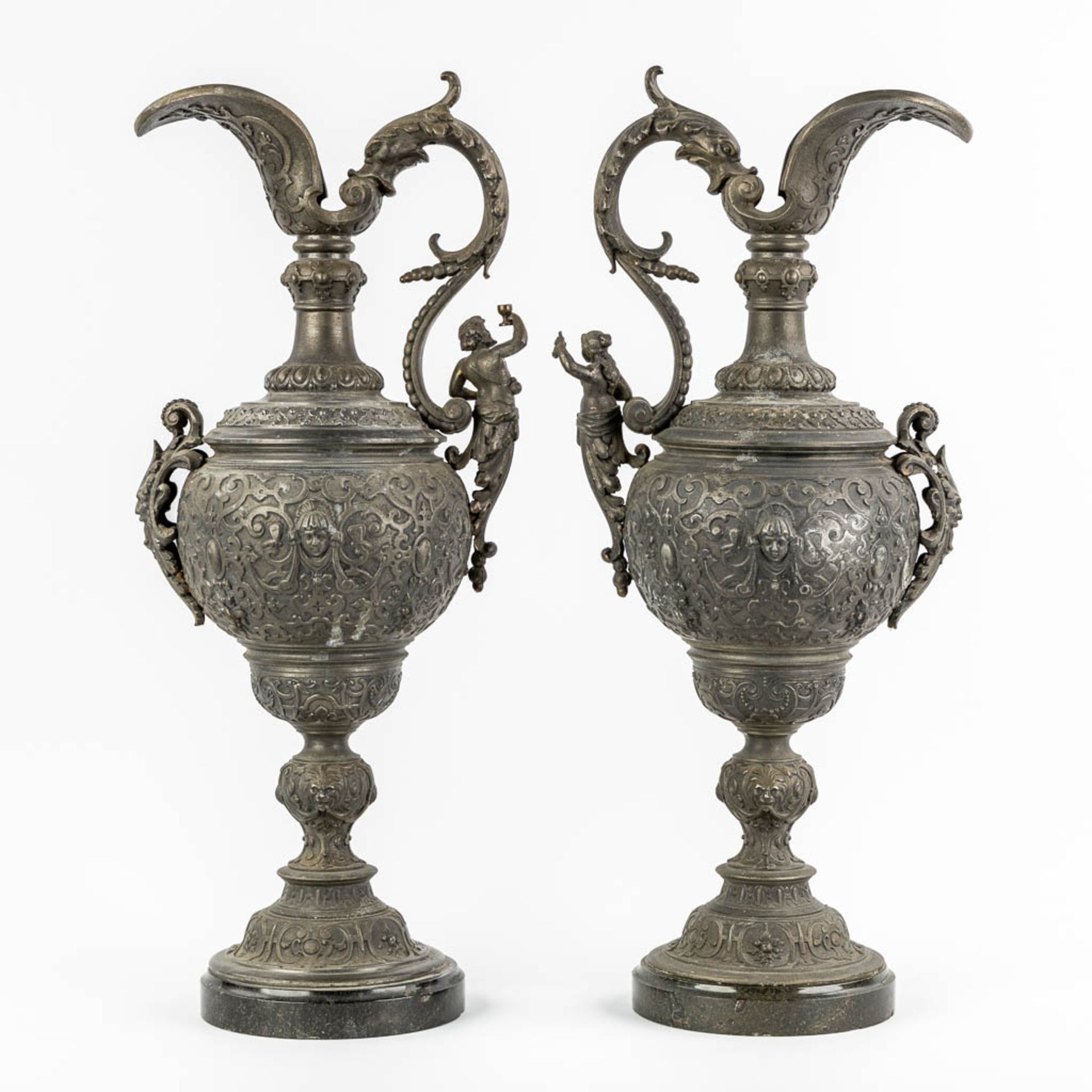 A pair of decorative pitchers, spelter on a marble base. Circa 1900. (L:18 x W:23 x H:56 cm) - Image 5 of 14