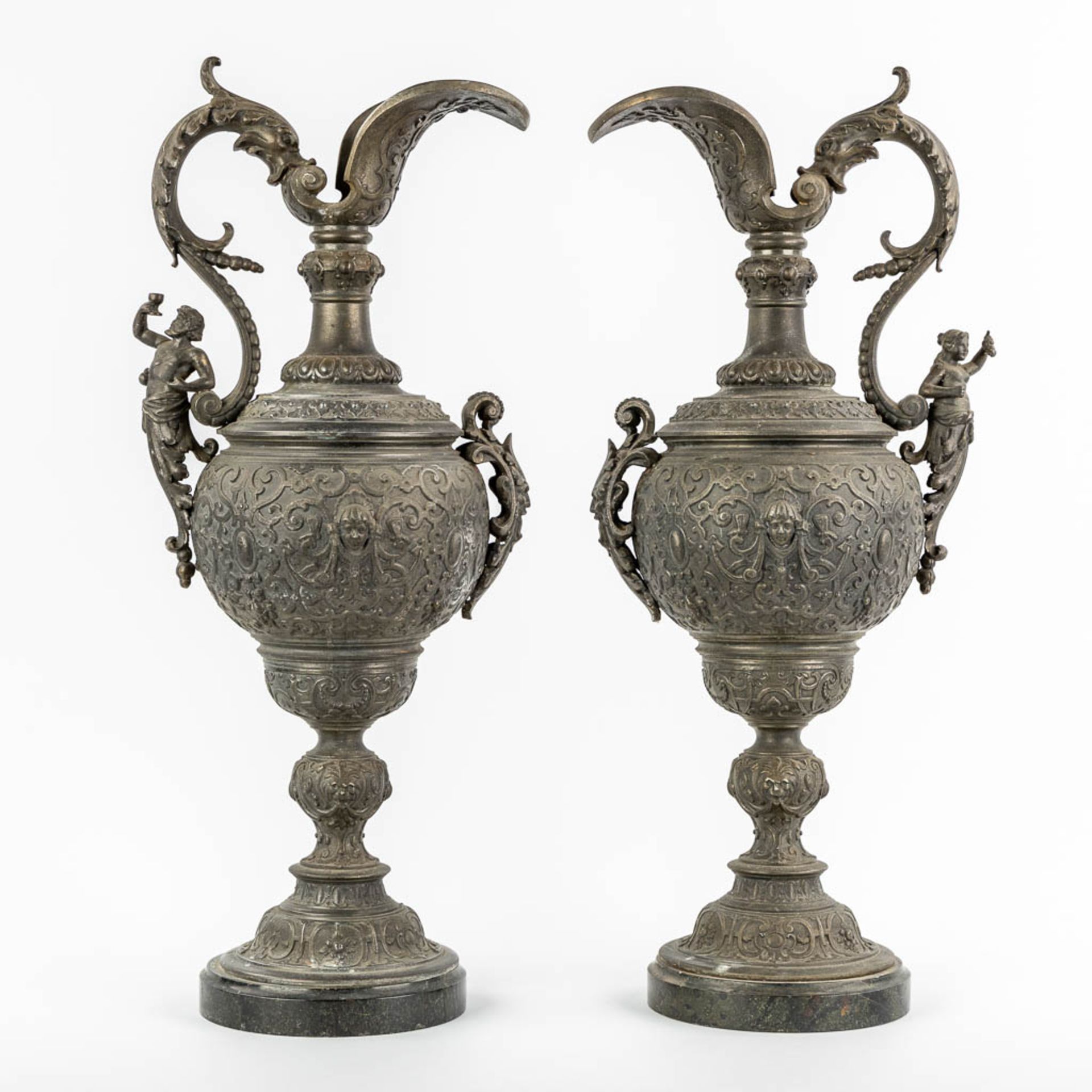 A pair of decorative pitchers, spelter on a marble base. Circa 1900. (L:18 x W:23 x H:56 cm) - Image 3 of 14