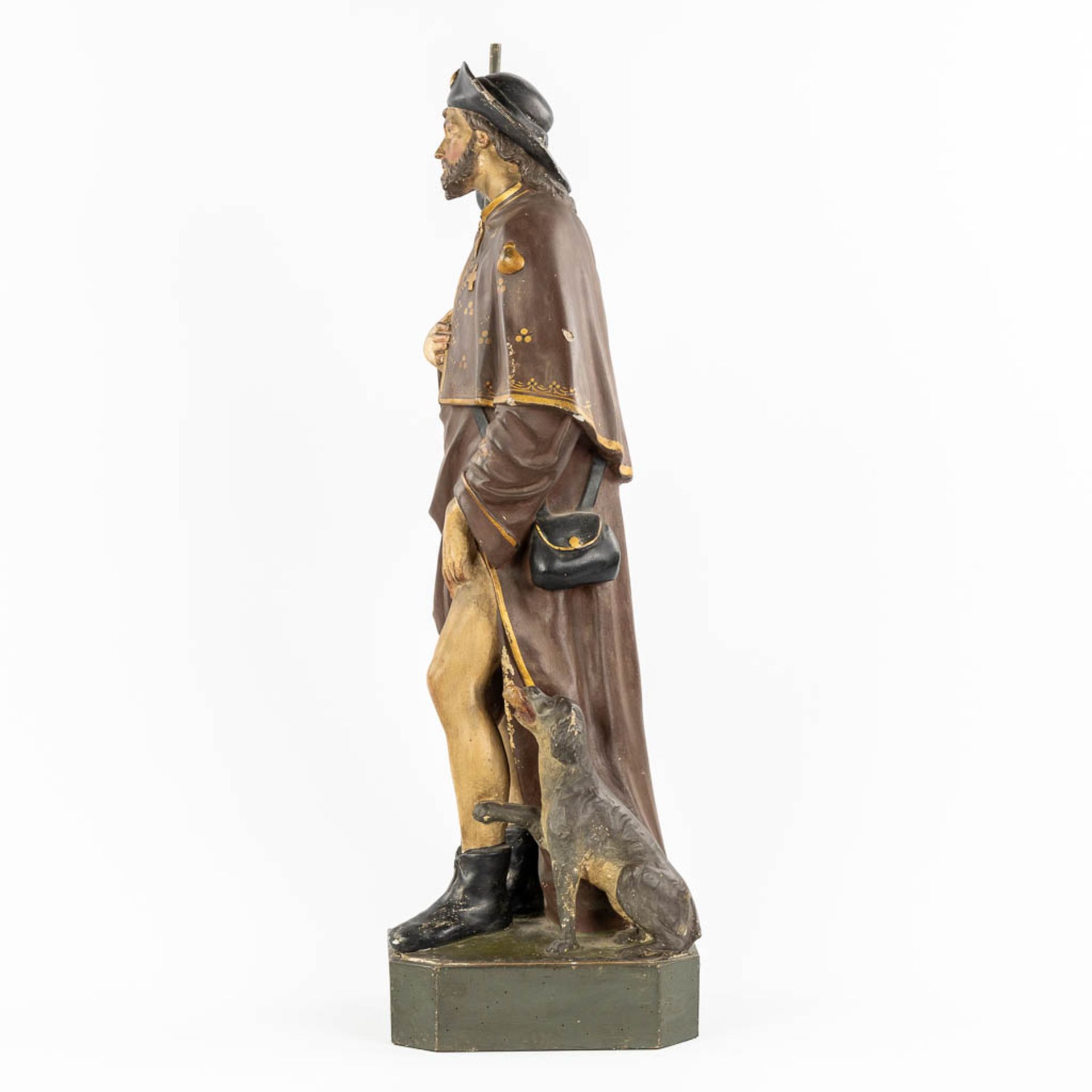 An antique figurine of Saint Rochus, patinated plaster. Circa 1900. (L:27 x W:27 x H:88 cm) - Image 4 of 16
