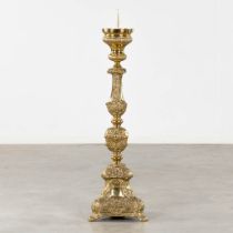 An antique gilt bronze church candlestick. 20th C. (L:30 x W:30 x H:115 cm)