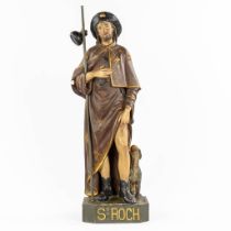 An antique figurine of Saint Rochus, patinated plaster. Circa 1900. (L:27 x W:27 x H:88 cm)