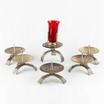 Five candlesticks and an Eternal Light, silver-plated bronze in Art Deco style. (H:35 x D:19 cm)