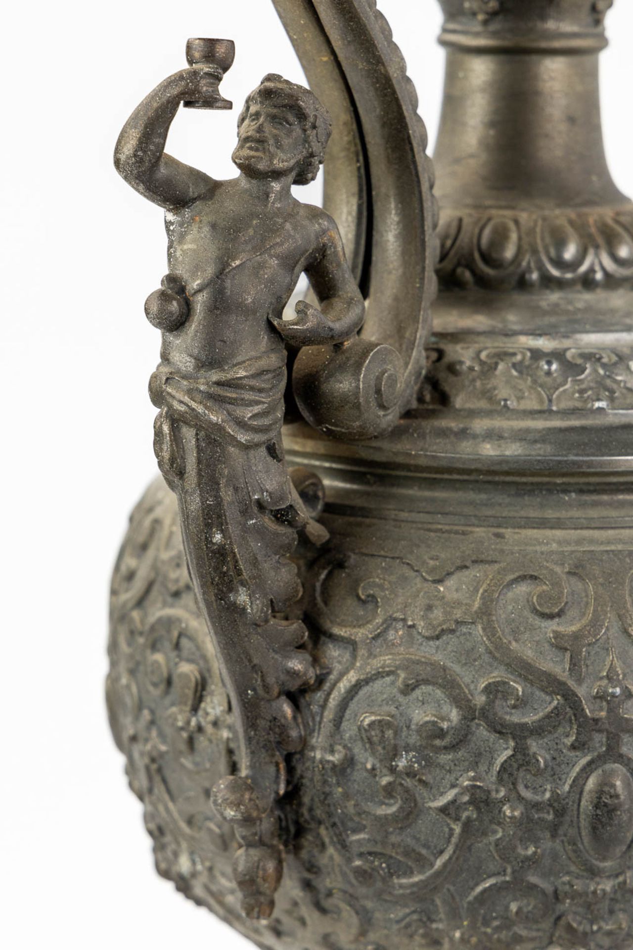 A pair of decorative pitchers, spelter on a marble base. Circa 1900. (L:18 x W:23 x H:56 cm) - Image 9 of 14