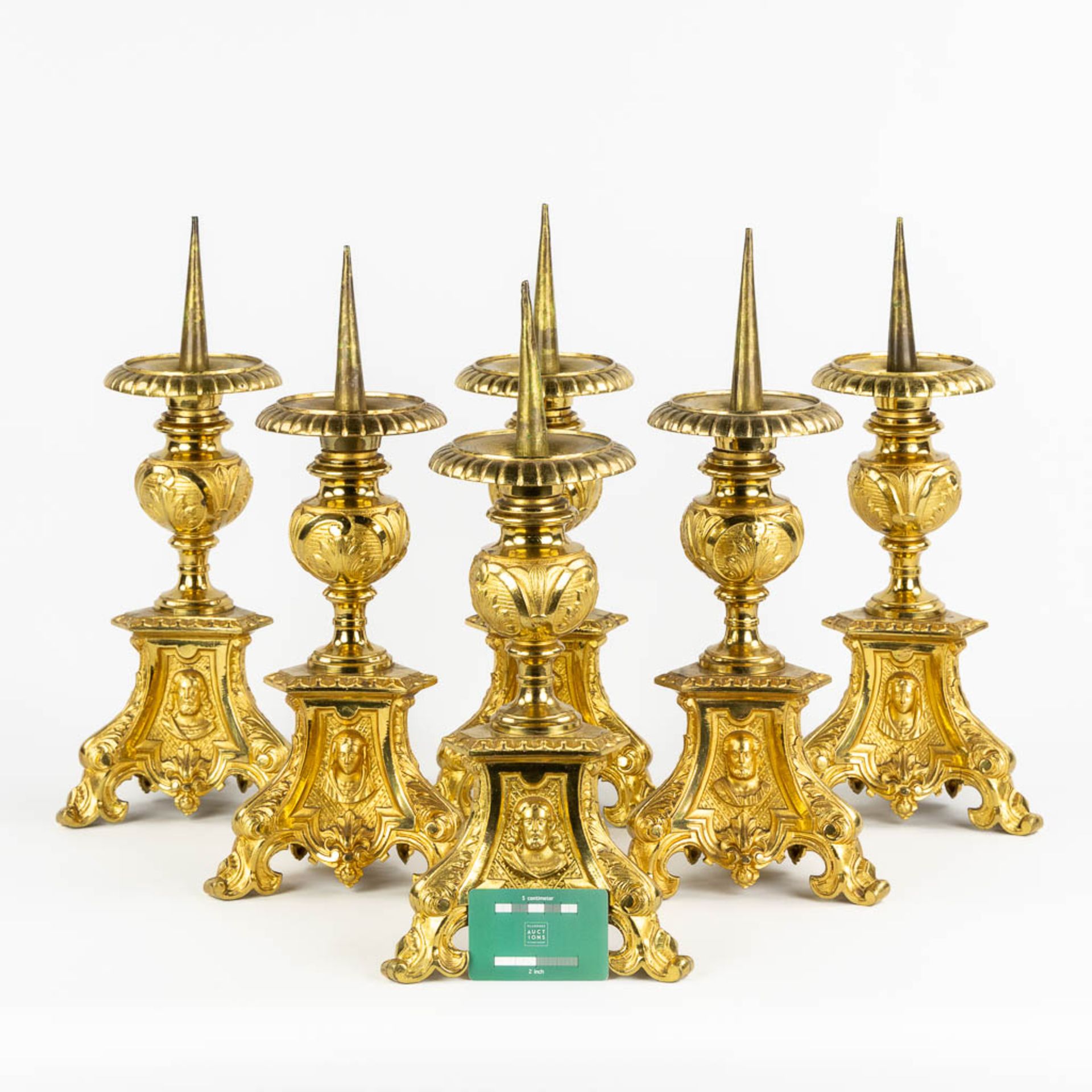Six Church candlesticks, bronze in a Baroque style with images of Jesus, Mary and Joseph. (H:42 x D: - Image 2 of 13