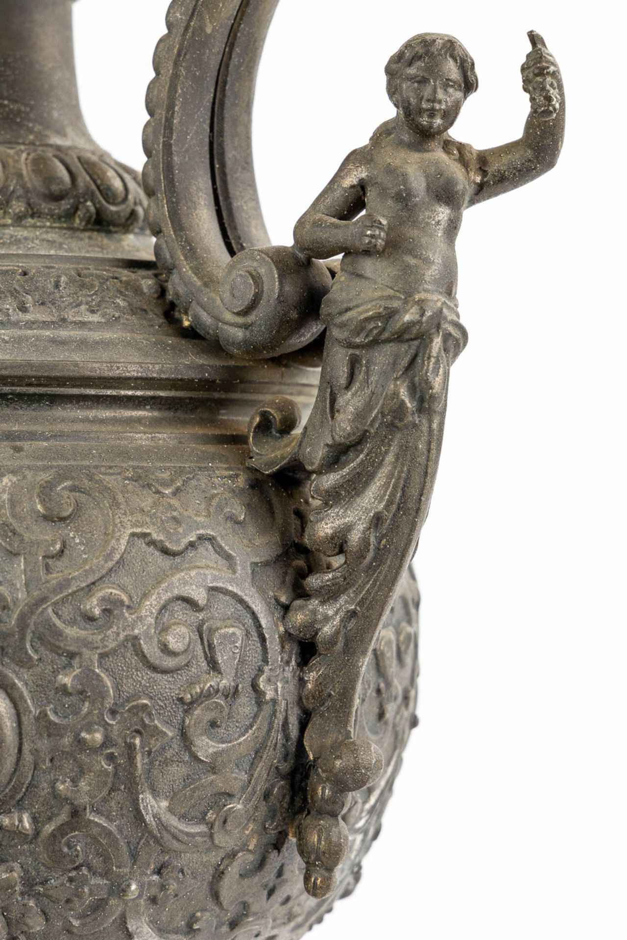 A pair of decorative pitchers, spelter on a marble base. Circa 1900. (L:18 x W:23 x H:56 cm) - Image 10 of 14