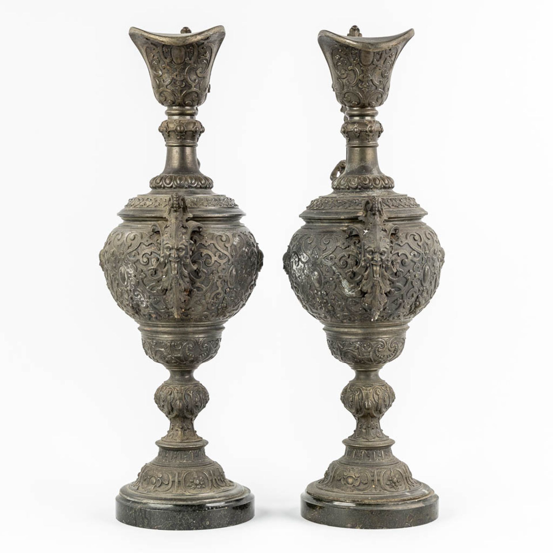 A pair of decorative pitchers, spelter on a marble base. Circa 1900. (L:18 x W:23 x H:56 cm) - Image 6 of 14