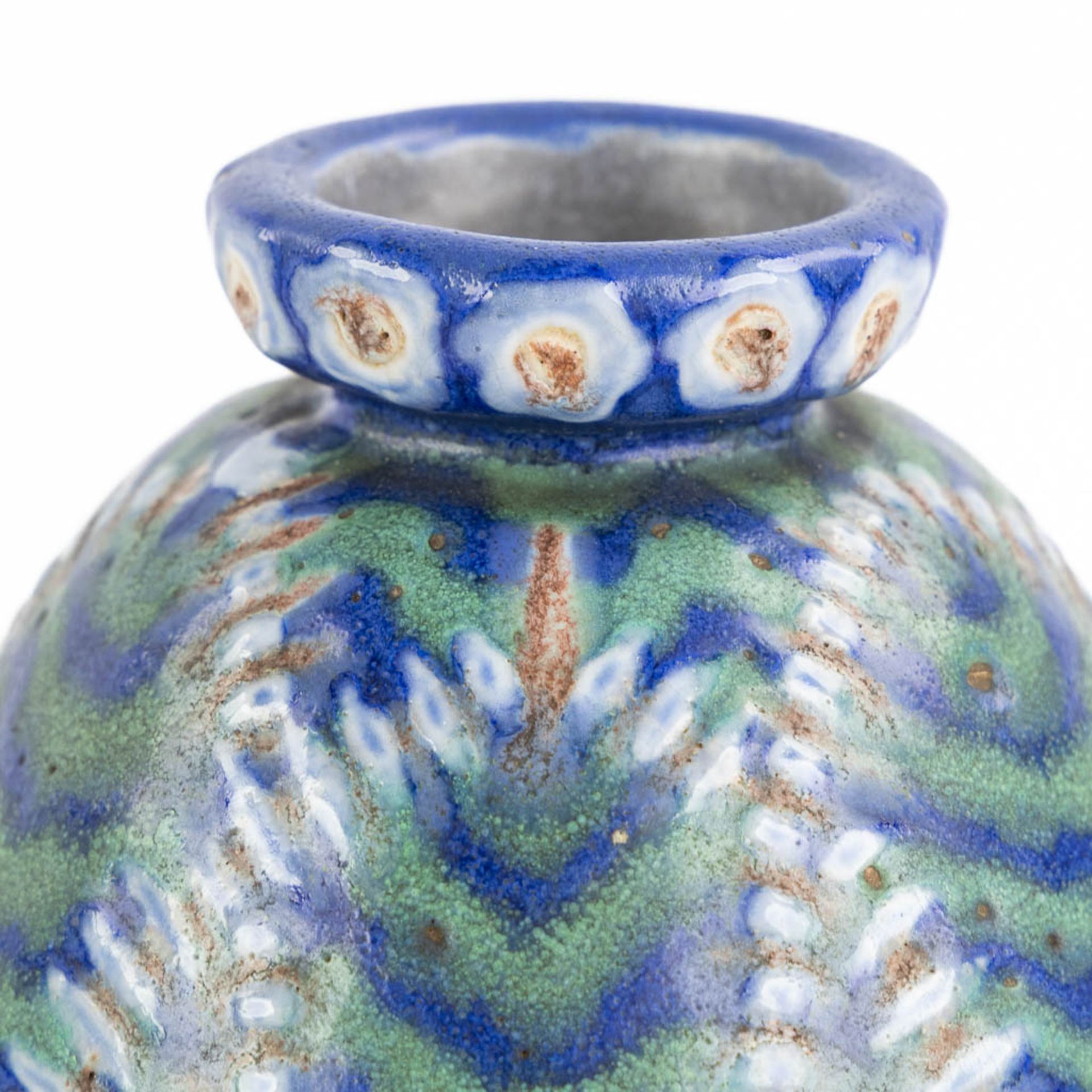 Three ceramic vases with a blue glaze. Revernay, Bertocci en Vallauris. Circa 1960. (L:13 x W:16 x H - Image 13 of 17