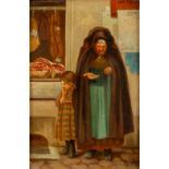 A decorative painting 'The Butcher Shop' oil on panel. Signed and dated 1917. (W:14 x H:21 cm)