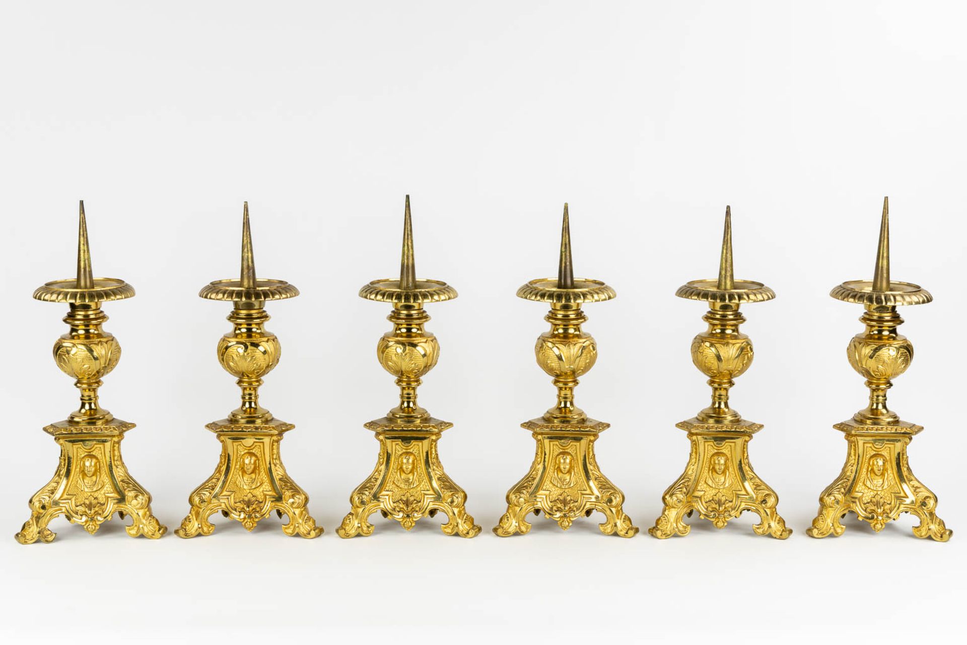 Six Church candlesticks, bronze in a Baroque style with images of Jesus, Mary and Joseph. (H:42 x D: - Image 4 of 13