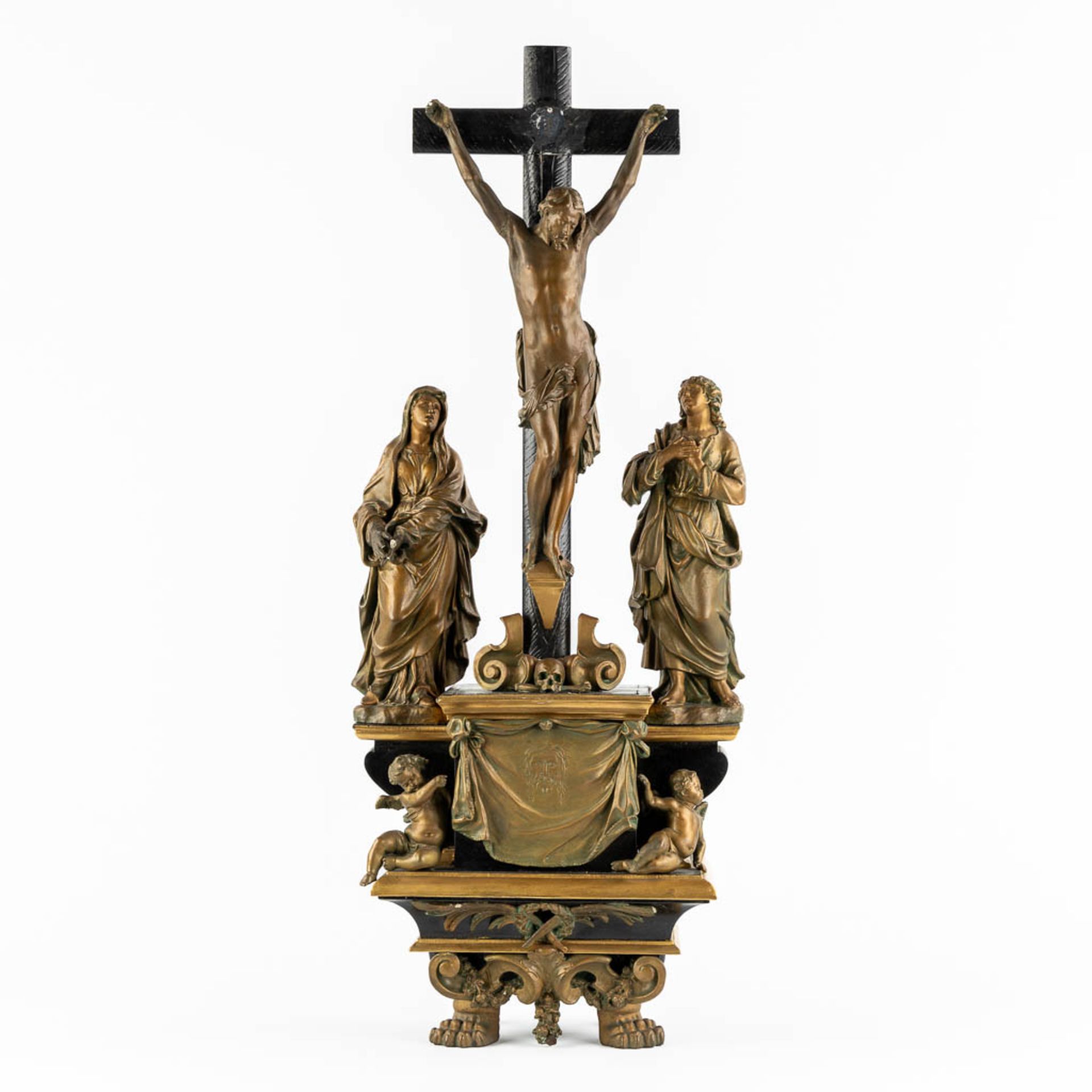 A large crucifix with a 3-piece golgotha, Veil of Veronica, patinated white clay. Circa 1900. (L:16 