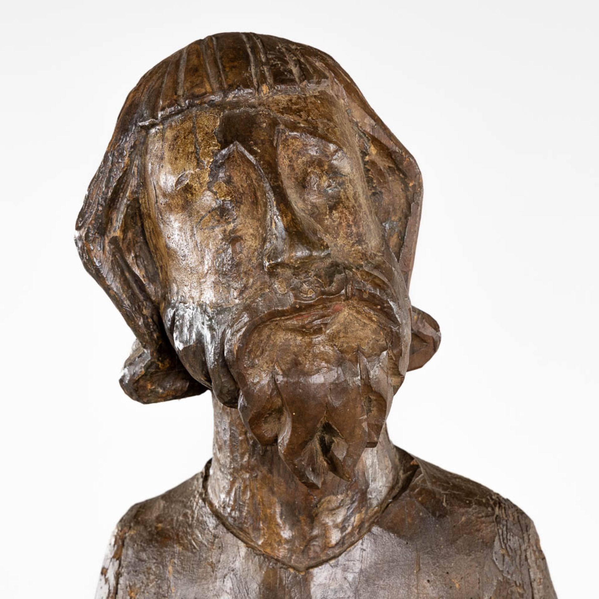 An antique wood-sculptured figurine of Saint John. 14th C. (L:21 x W:31 x H:140 cm) - Image 8 of 12