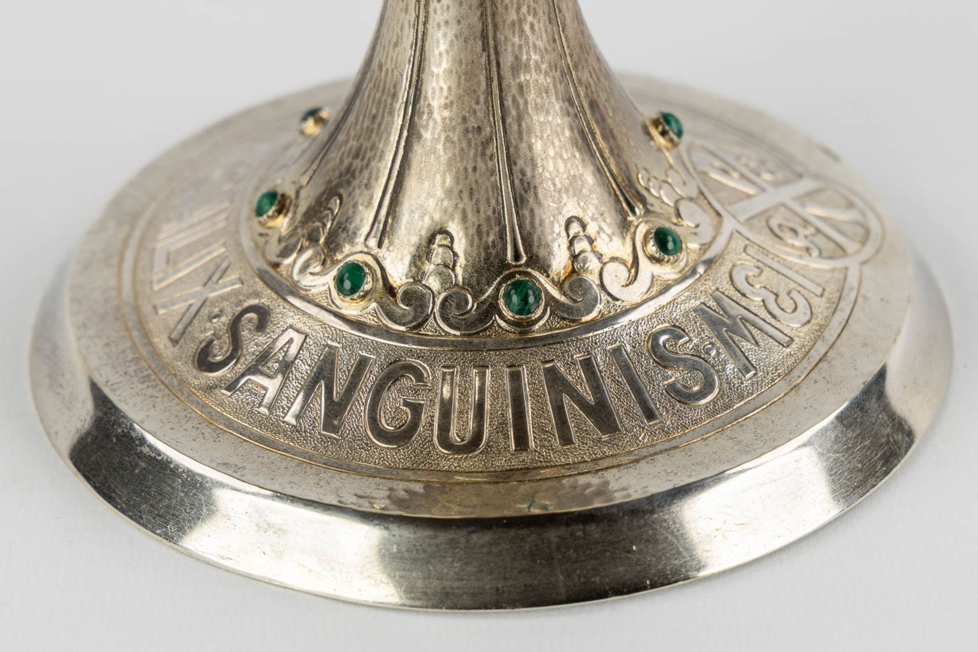 Joh ALOYS BRUUN (XIX) A chalice with paten, silver decorated with cabochons, malachite and pearls. G - Image 12 of 17
