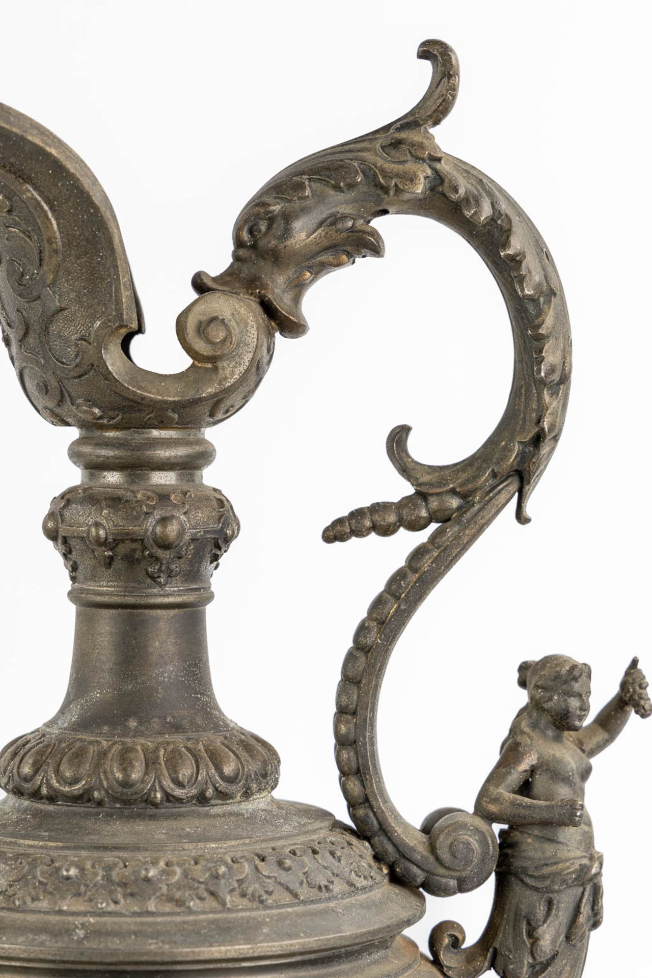 A pair of decorative pitchers, spelter on a marble base. Circa 1900. (L:18 x W:23 x H:56 cm) - Image 11 of 14