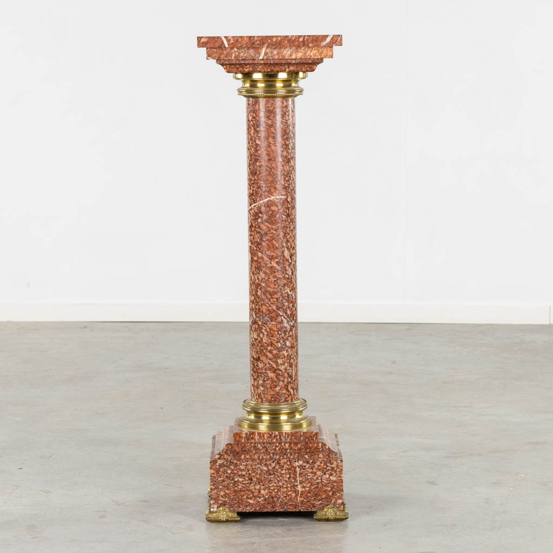 An antique sculptured red marble pedestal, mounted with bronze. Circa 1900. (L:30 x W:30 x H:103 cm) - Image 3 of 7