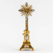 An altar crucifix, silver and brass, richly decorated. 19th C. (L:14 x W:14 x H:47 cm)