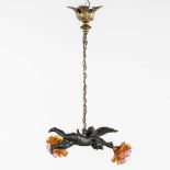 A Chandelier with a putto, patinated spelter, with 2 coloured glass lampshades. (W:44 x H:70 cm)
