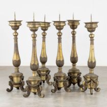 A set of 6 candlesticks, patinated copper and finished with garlands. 19th C. (L:26 x W:26 x H:110 c