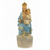 An antique figurine 'Mary with Child' patinated plaster. Circa 1900. (L:31 x W:32 x H:88 cm)