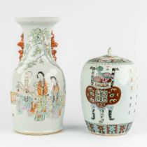 A Chinese vase and a ginger jar, decorated with ladies and bonsai. 19th/20th C. (H:42,5 x D:19 cm)