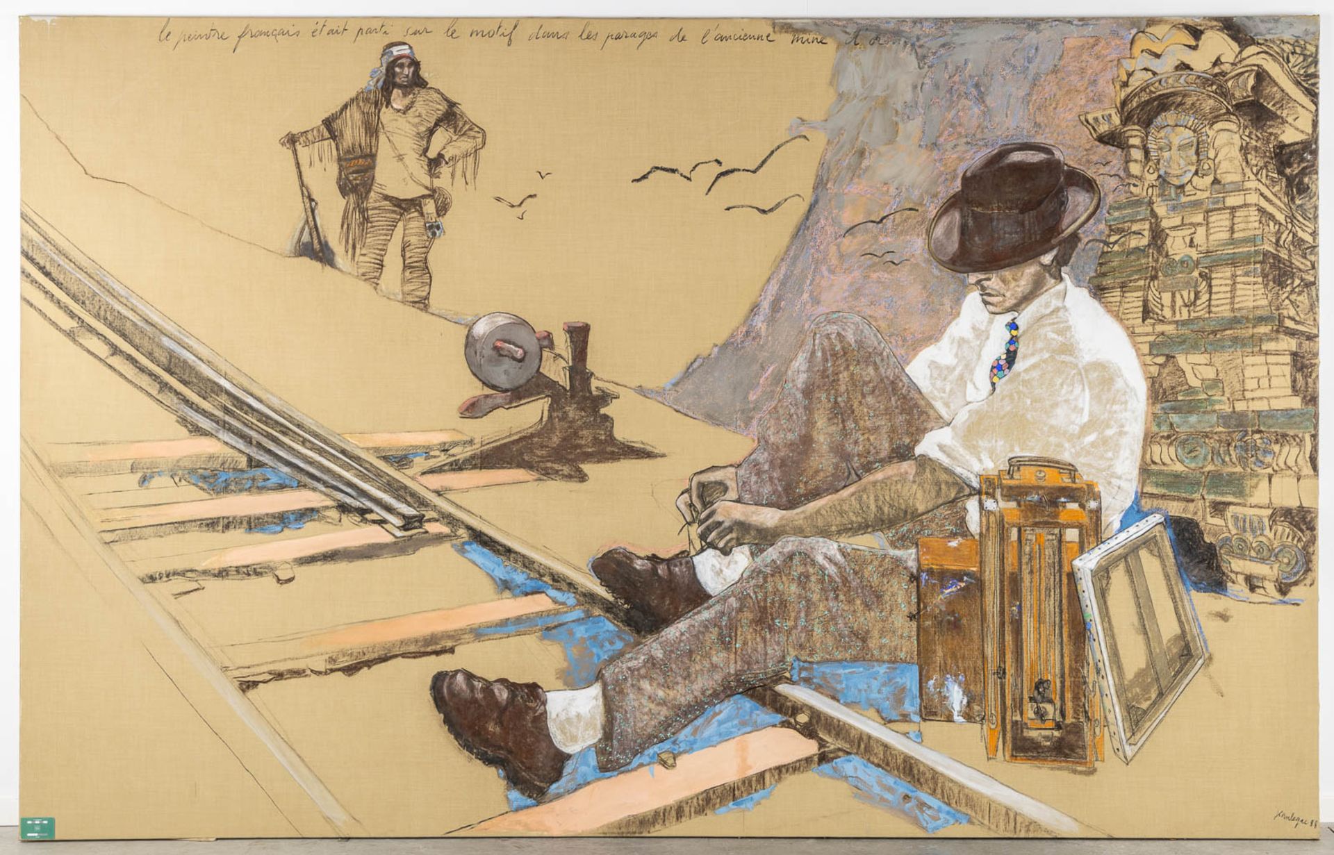 Jean LE GAC (1936) 'Peintre laçant ses Chaussures' mixed media on canvas. 1988. (W:330 x H:220 cm) - Image 2 of 12