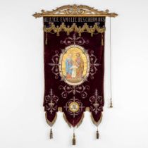 An antique banner with thick gold-thread embroideries and an image of 'The Holy Family'. (W:100 x H: