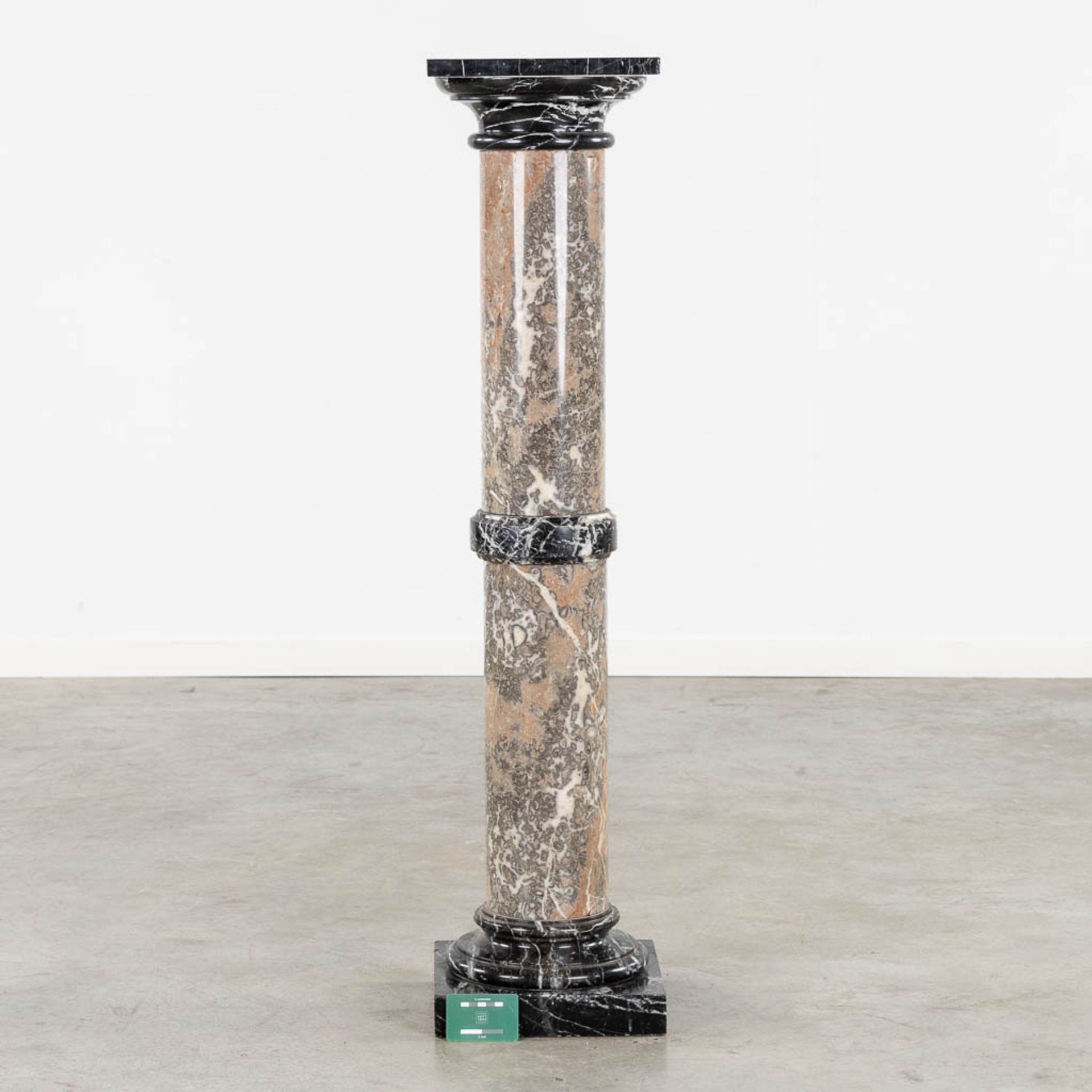 An antique pedestal, black, grey and brown marble. Circa 1900. (L:27 x W:27 x H:115 cm) - Image 2 of 9