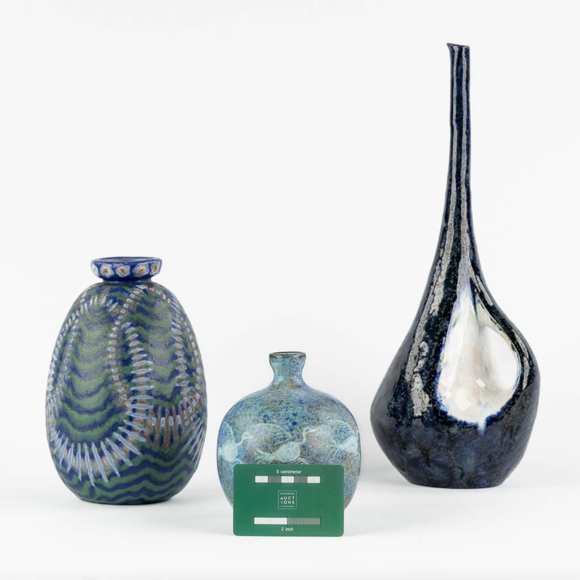 Three ceramic vases with a blue glaze. Revernay, Bertocci en Vallauris. Circa 1960. (L:13 x W:16 x H - Image 2 of 17