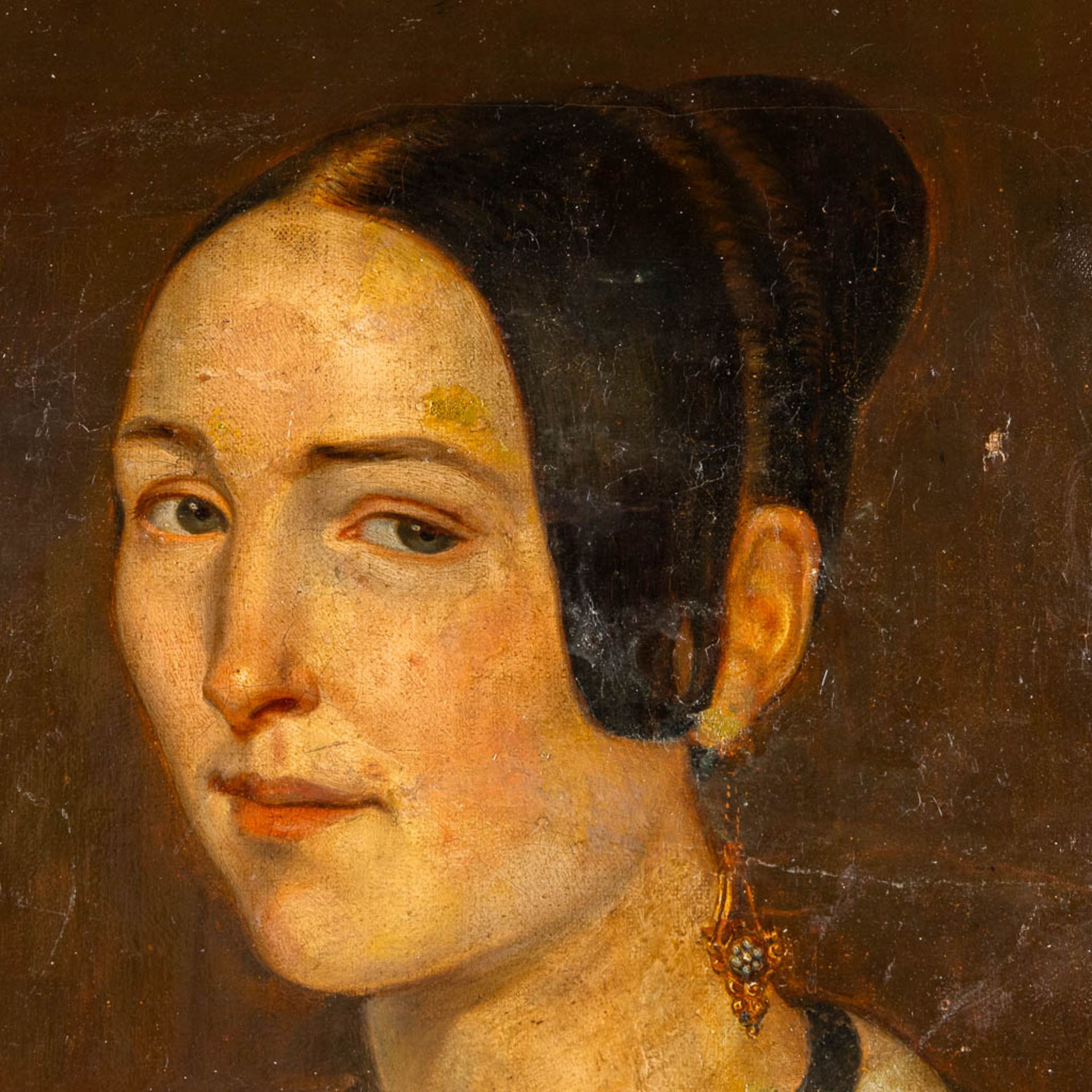 An antique portrait of a lady, oil on canvas. (W:50 x H:62 cm) - Bild 4 aus 9
