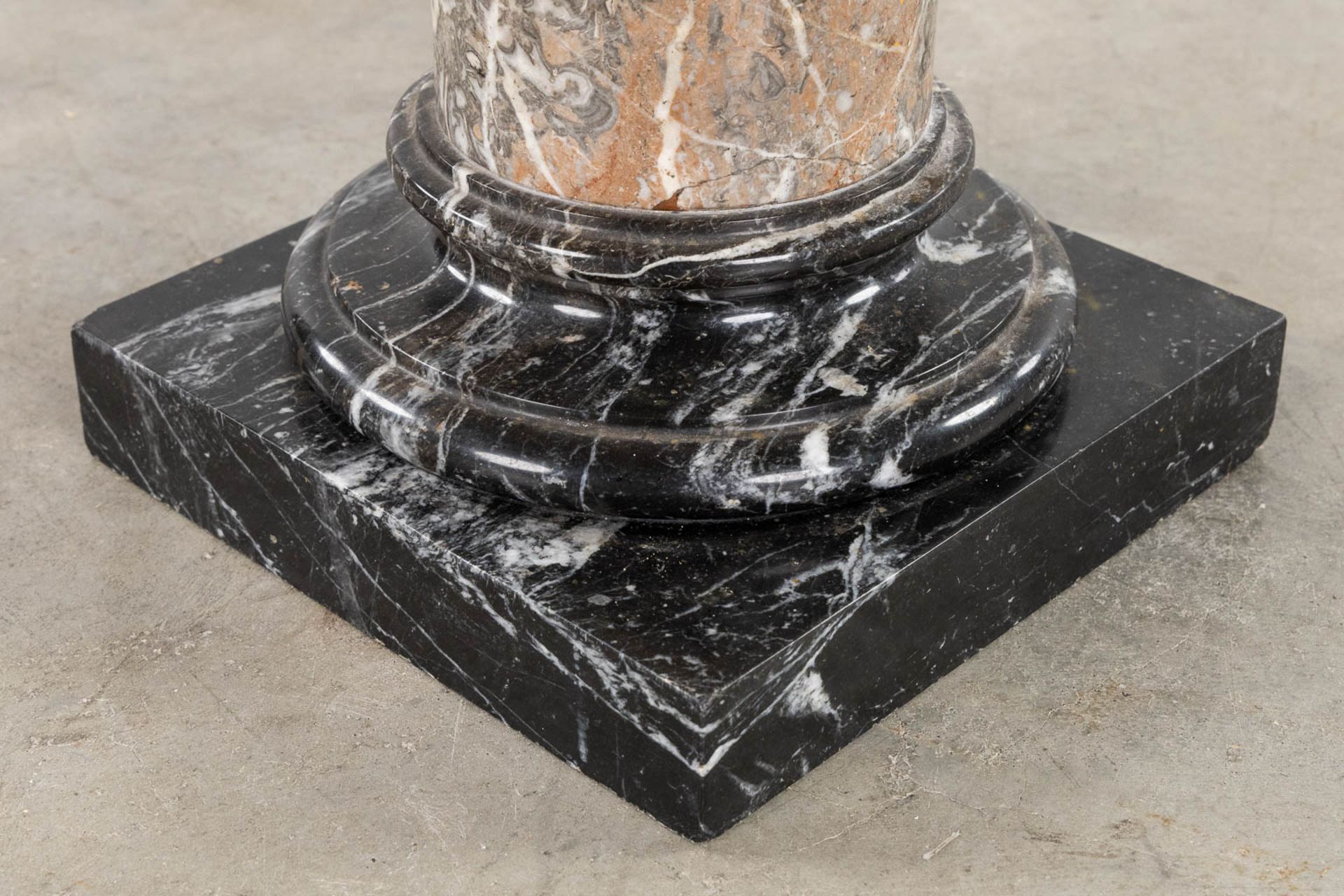 An antique pedestal, black, grey and brown marble. Circa 1900. (L:27 x W:27 x H:115 cm) - Image 4 of 9