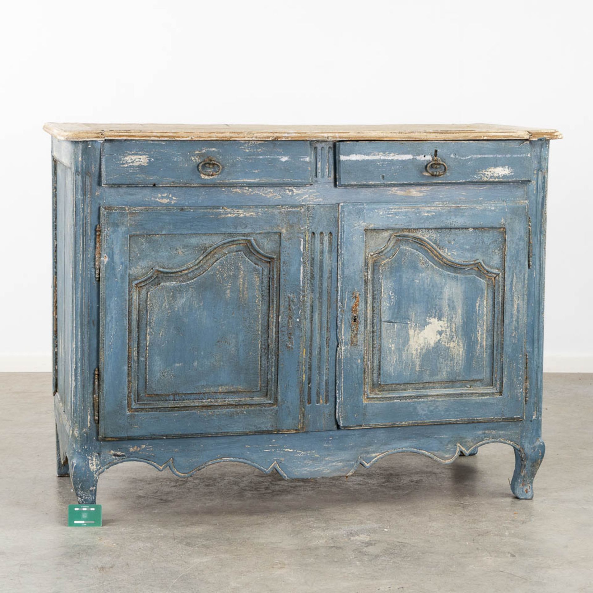 An antique commode, blue-patinated. 18th C. (L:63 x W:131 x H:100 cm) - Image 2 of 11